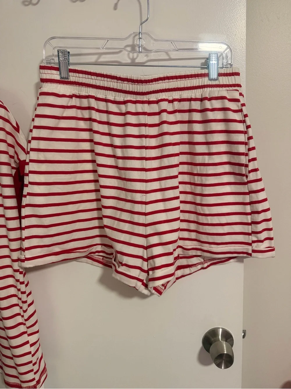 Amazon Red and White Striped Women’s Cap Sleeve Top and Shorts with Pockets Set